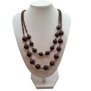 Glass Brown Beaded Double-Strand Necklace & Matching Earrings Set By My Style